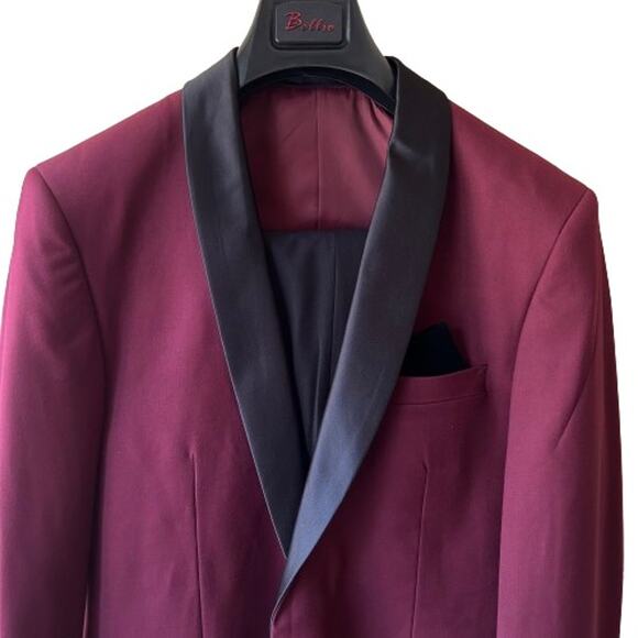 GUC Bellio Slim Fit Burgundy/Black 1-button Tuxedo Jacket (38L) & Pants (32L) - Picture 3 of 12